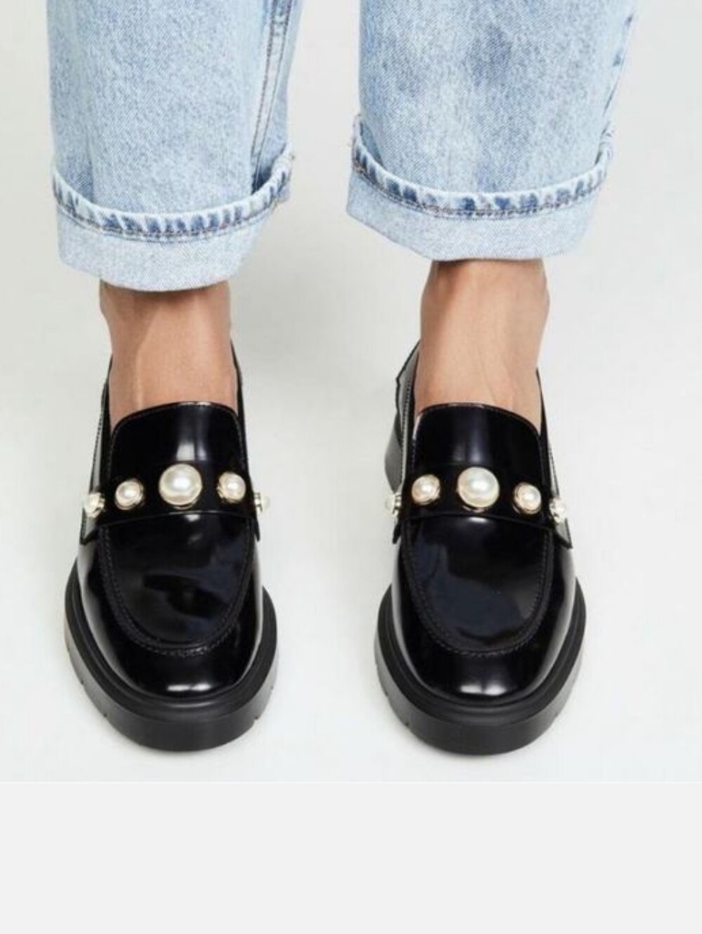 Stuart Weitzman Suki Chunky Loafer With Pearls Size 8 Black Academia Y2K